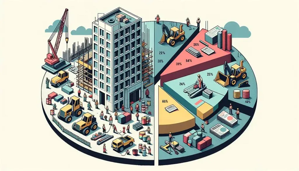 Building in progress next to a pie chart displaying construction budget segments.