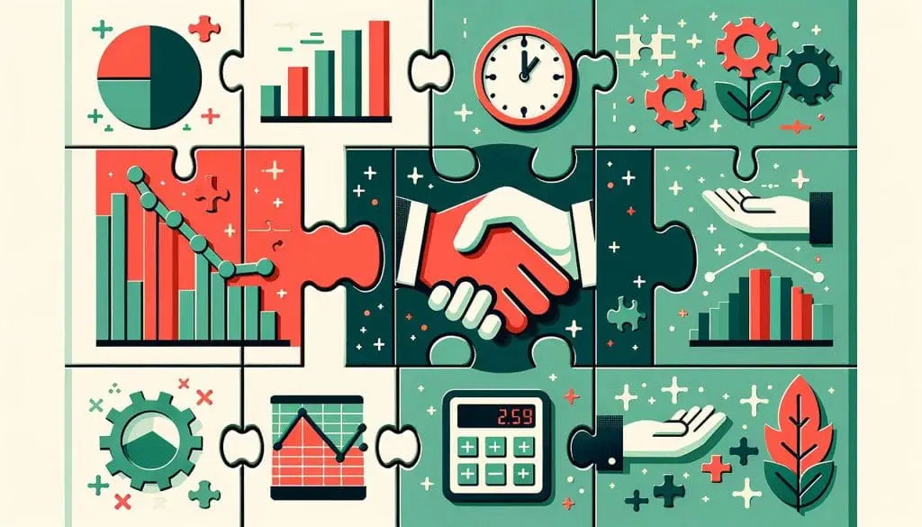 Split puzzle with challenges and solutions in construction budgeting such as declining charts and collaboration symbols.