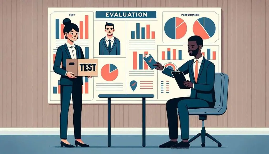 Job candidate lifting a box during a performance evaluation with charts and graphs in the background.