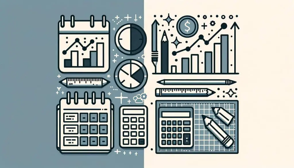 Comparative icons of annual budget fluctuations and detailed construction planning tools.