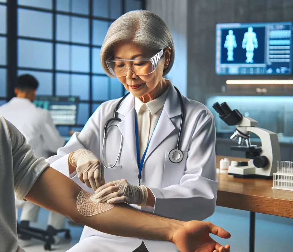 Elderly Asian doctor performing a comprehensive drug test using sweat analysis in a lab