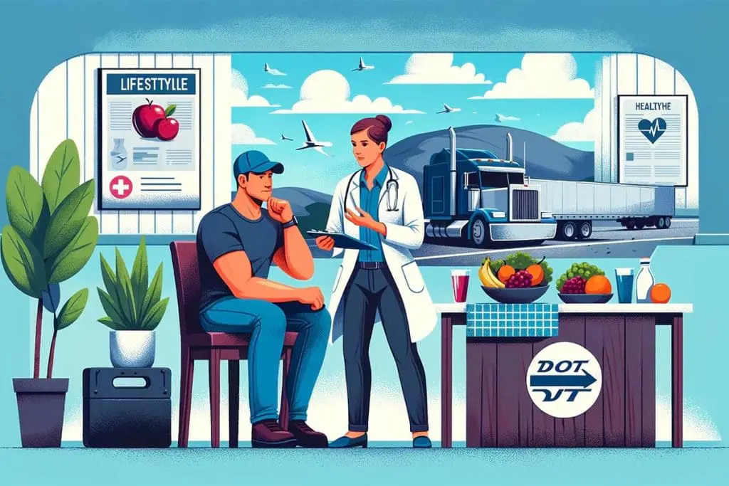 Truck driver discussing health habits during DOT physical