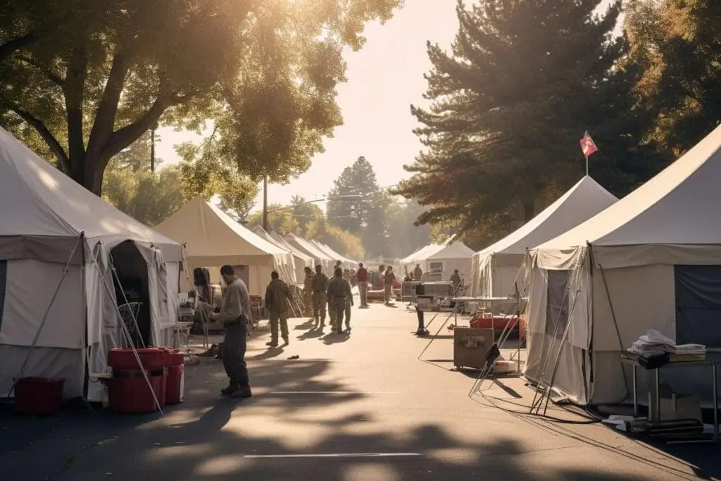 Government's immediate response with medical tents in a suburban disaster zone