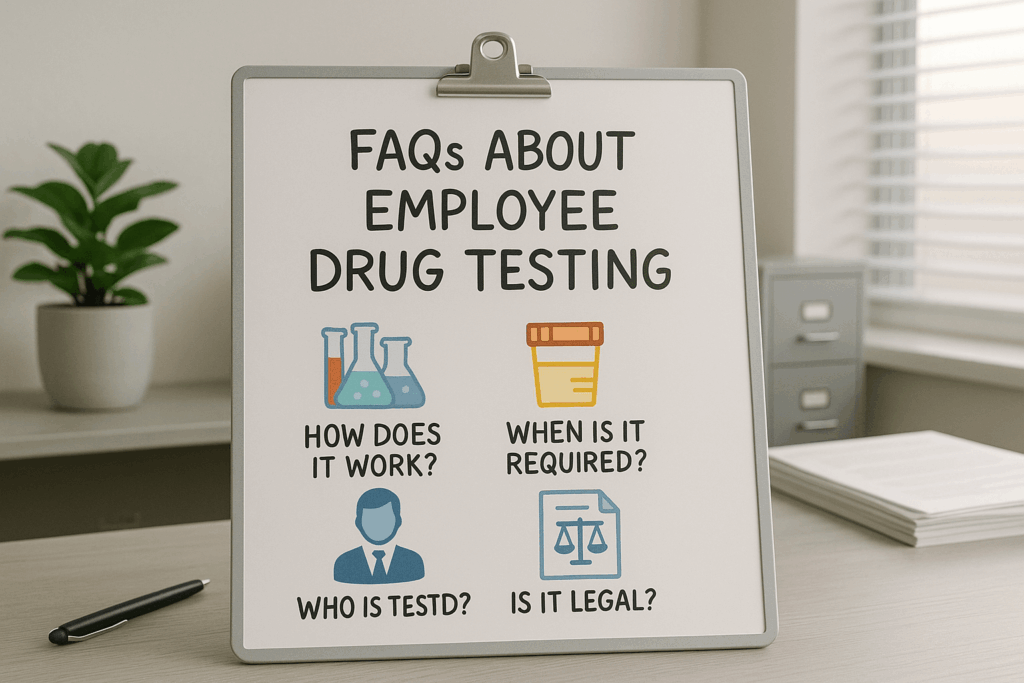 Signboard listing FAQs about employee drug testing, including how it works and legal requirements