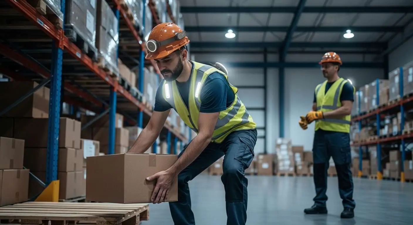 AI for Workplace Injury Prevention A warehouse worker in a hard hat and safety vest demonstrates a proper lifting technique, preventing injuries with methods monitored by AI risk prevention systems.