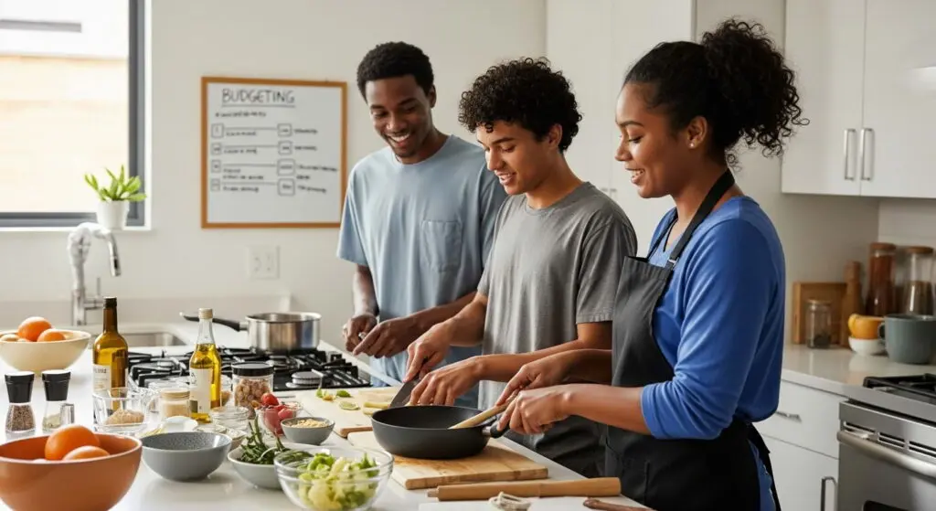 Learning Life Skills in a Transitional Housing Program A family learns essential life skills like cooking and budgeting together in the kitchen of their transitional housing unit, a key program benefit.