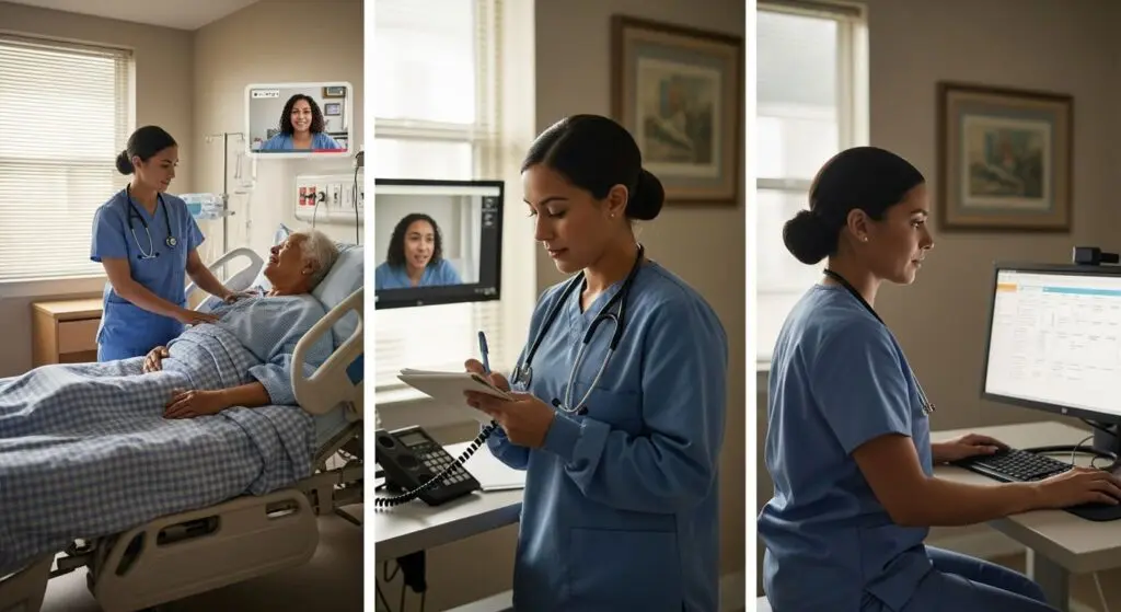 A collage showing the day in the life of a nurse case manager: performing a patient assessment at the bedside , coordinating care via a telehealth call , and documenting in an electronic health record system