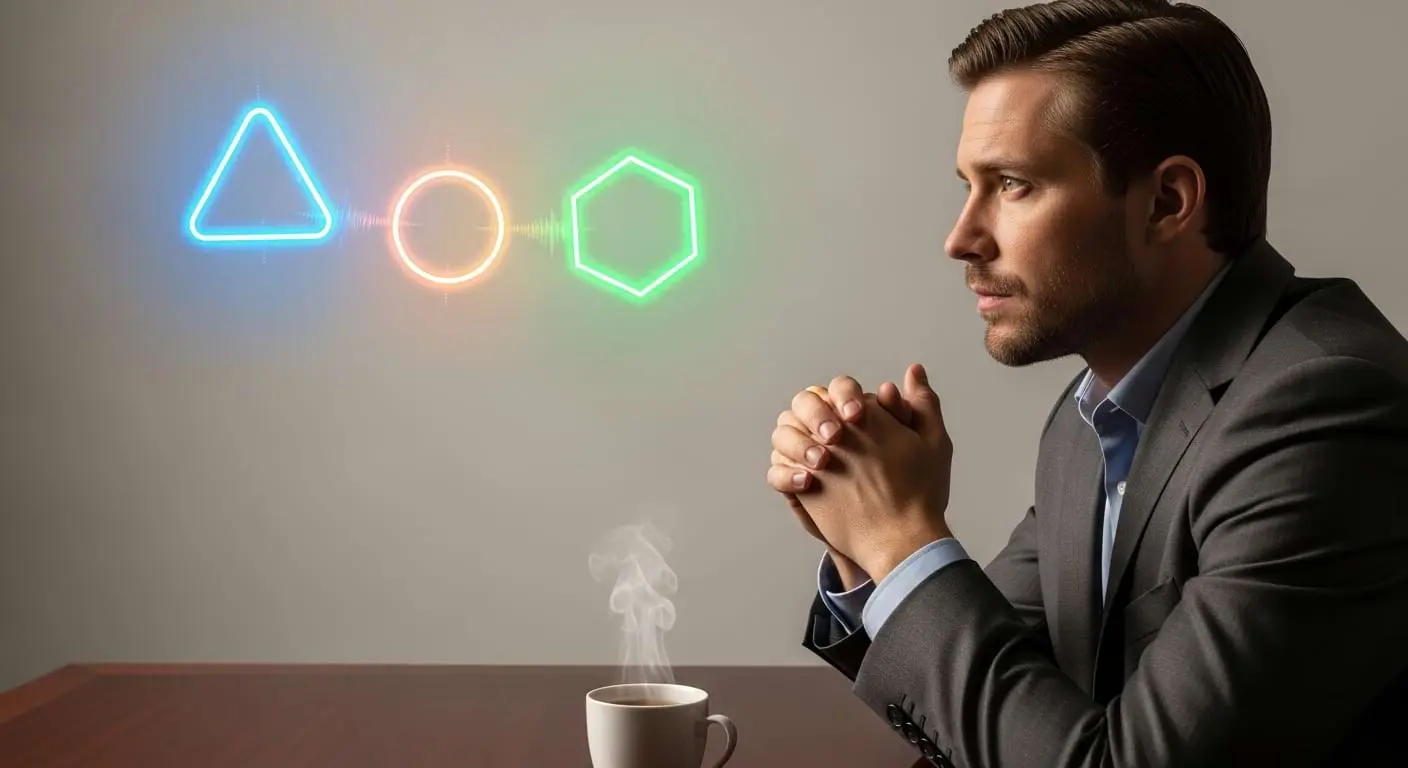 Ethical Challenges of AI in Workplace Health A professional in a suit thoughtfully considers abstract glowing shapes, representing the complex ethical considerations of AI in occupational health.