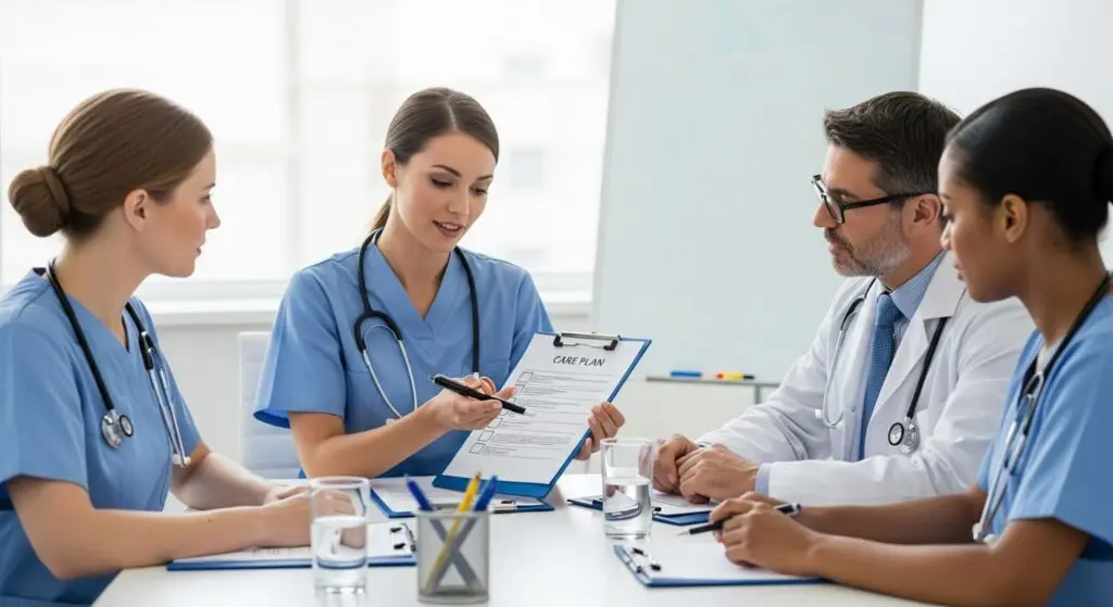 A nurse case manager presents a patient's care plan on a clipboard to a diverse healthcare team of doctors and nurses during a meeting.