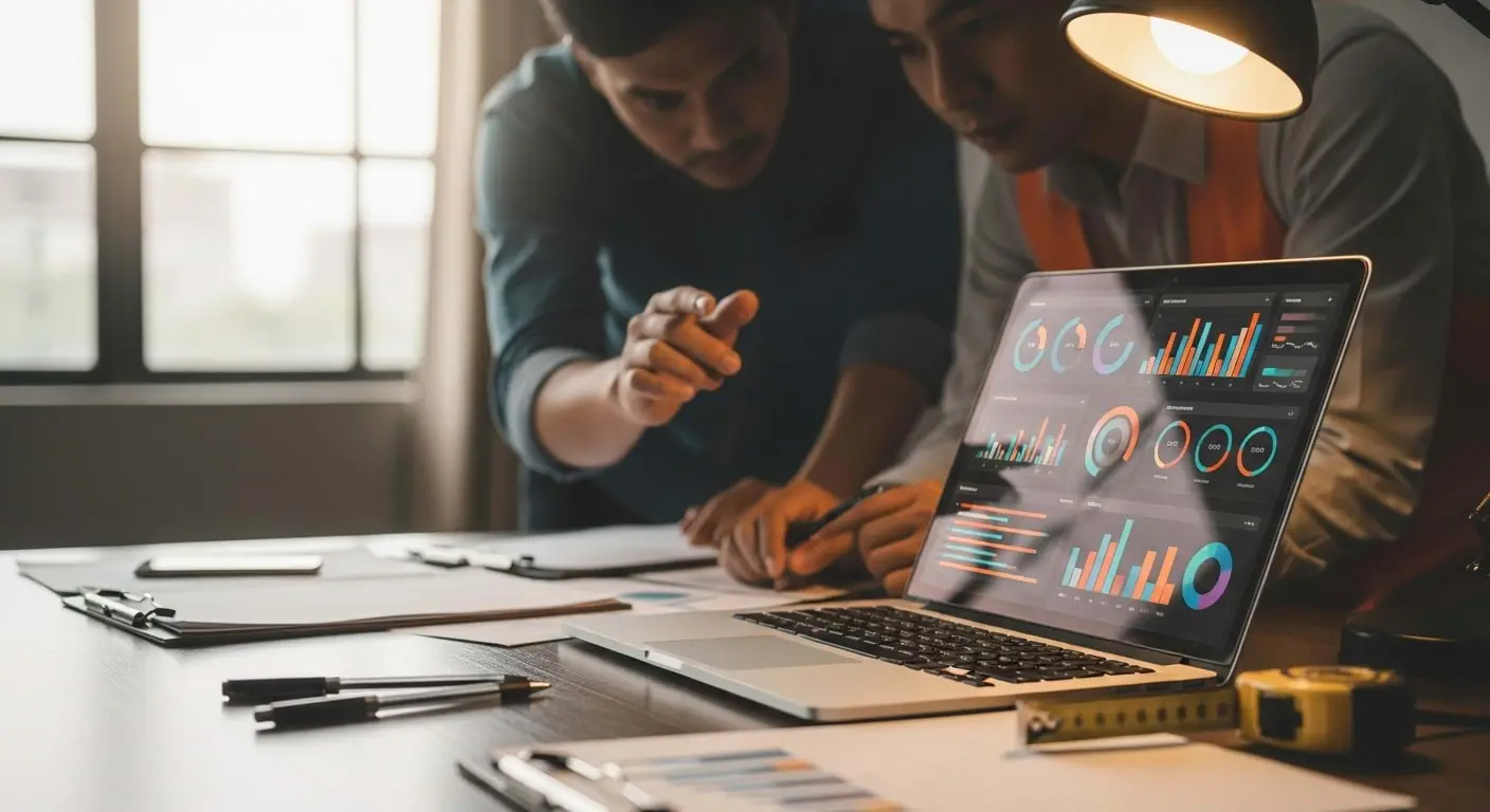 Digital Tools for Construction Risk Management Project managers using risk management software on a laptop to analyze construction project data and risk assessment charts.