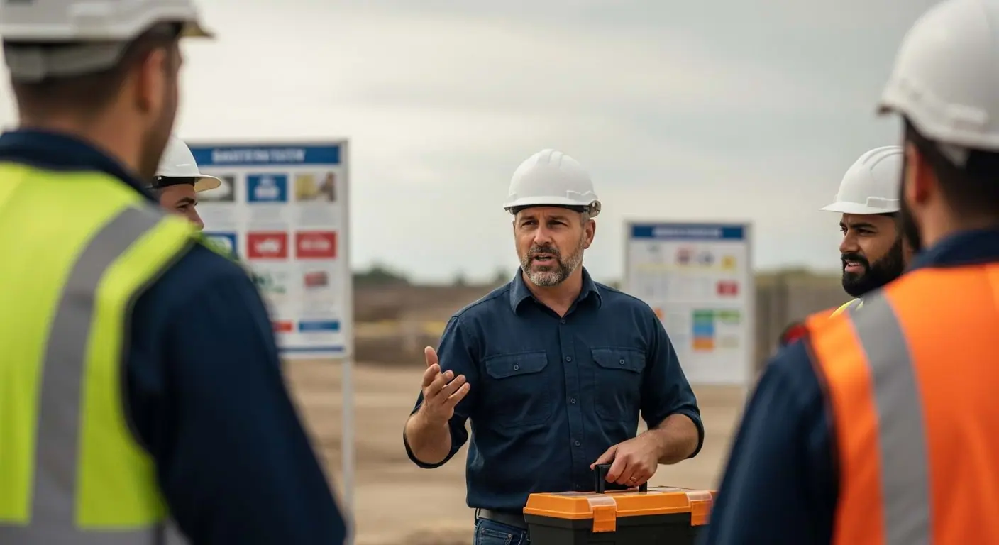 Identifying Main Types of Construction Risks A construction foreman discussing safety risks and hazard assessments with his crew during a toolbox talk on-site.