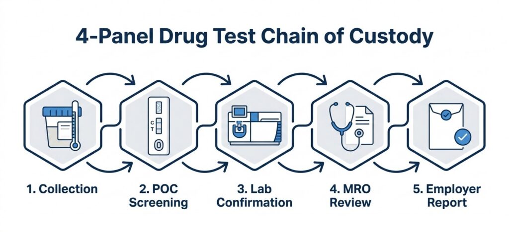 Flowchart of the 4-panel drug test chain of custody showing five sequential stages: specimen collection at the clinic, point-of-collection rapid screening, SAMHSA-certified laboratory confirmation testing, Medical Review Officer (MRO) verification, and final reporting to the employer.