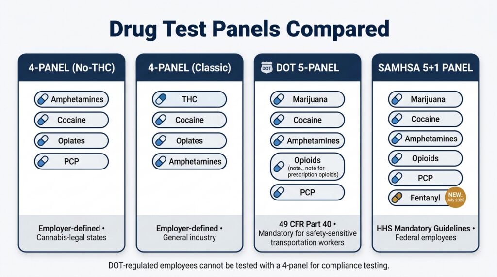 omparison illustration of four workplace drug test panels side by side: 4-Panel No-THC, 4-Panel Classic, DOT 5-Panel under 49 CFR Part 40, and SAMHSA Federal Workplace 5-Panel including fentanyl as of July 2025, with the substances detected by each panel listed below.