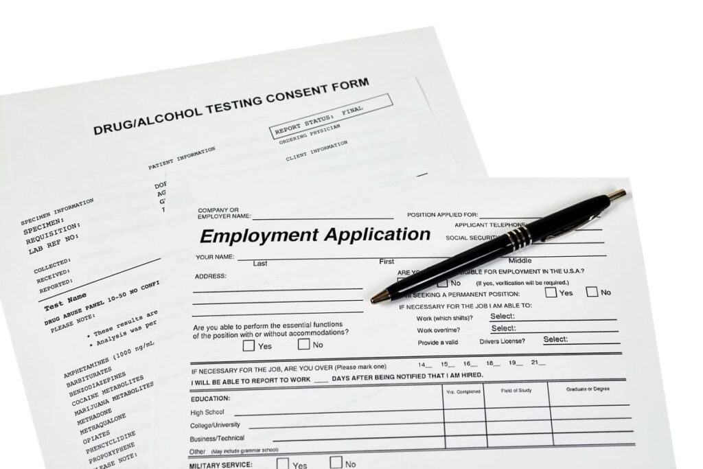 Drug/alcohol testing consent form and employment application for 4 panel drug test