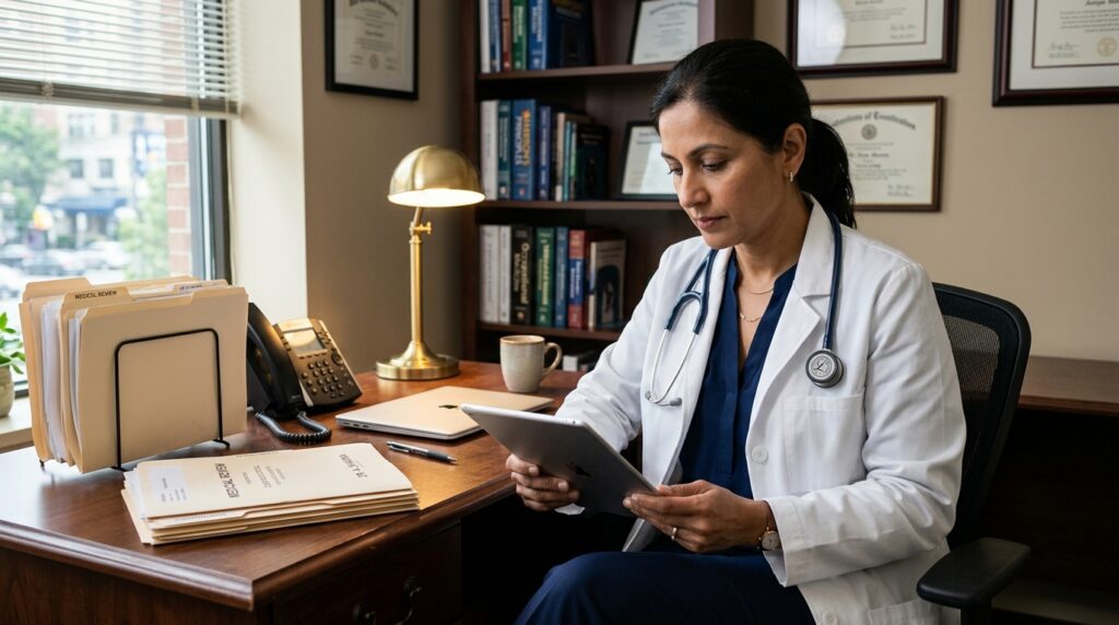 A Medical Review Officer (MRO), a licensed physician in a white coat, reviewing drug test laboratory results on a secure tablet computer in a private office, with paper documentation and a desk phone visible, illustrating the clinical verification step before any employer notification.