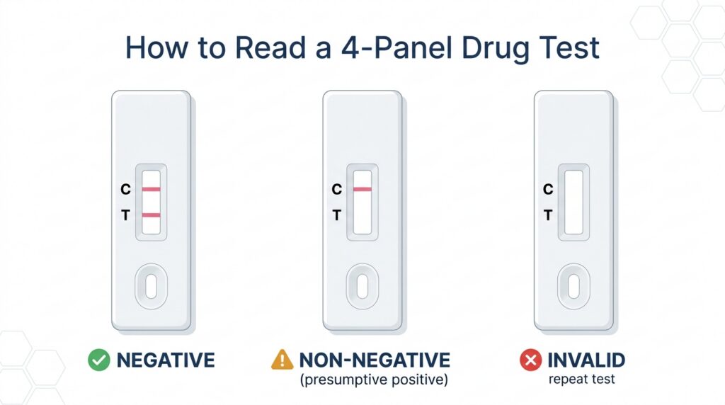 Diagram showing how to correctly read a 4-panel drug test cassette with three side-by-side examples: a Negative result with both Control (C) and Test (T) lines visible, a Non-Negative presumptive positive result with only the Control (C) line visible, and an Invalid result with no Control line.