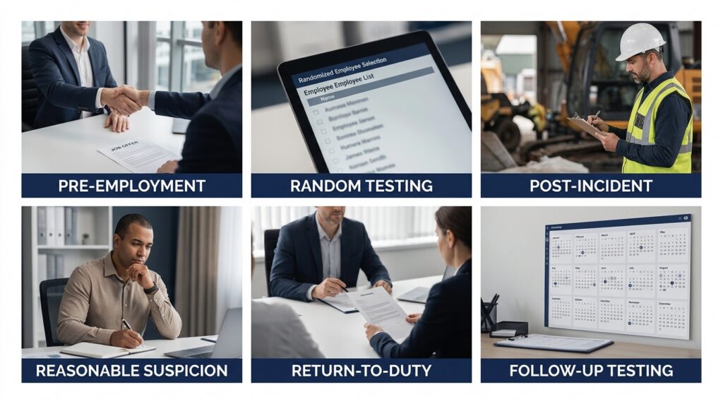 Six occupational scenarios where workplace drug testing applies: a hiring handshake for pre-employment screening, a randomized digital selection list for random testing, a worksite incident scene for post-incident testing, a supervisor documenting observations for reasonable suspicion, a return-to-duty meeting, and a follow-up testing schedule.