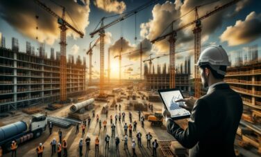 Engineer reviewing a construction budget on a tablet at a sunset-lit construction site.