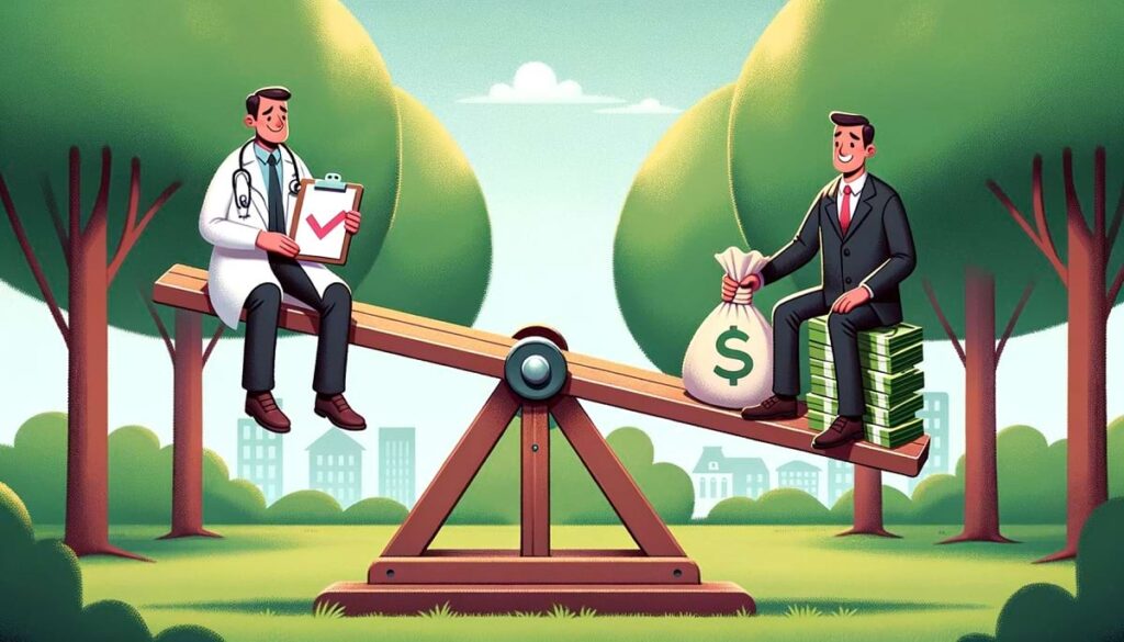 A see-saw in a park-like setting with a doctor and employer in balance, symbolizing the cost and necessity of pre-employment physicals.