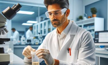 Laboratory technician conducting urine drug test in modern lab