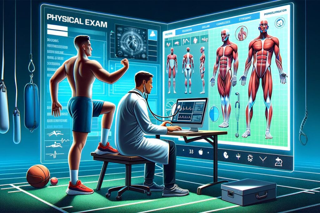 A doctor conducting a sports physical exam via telemedicine, modernizing the approach to healthcare.