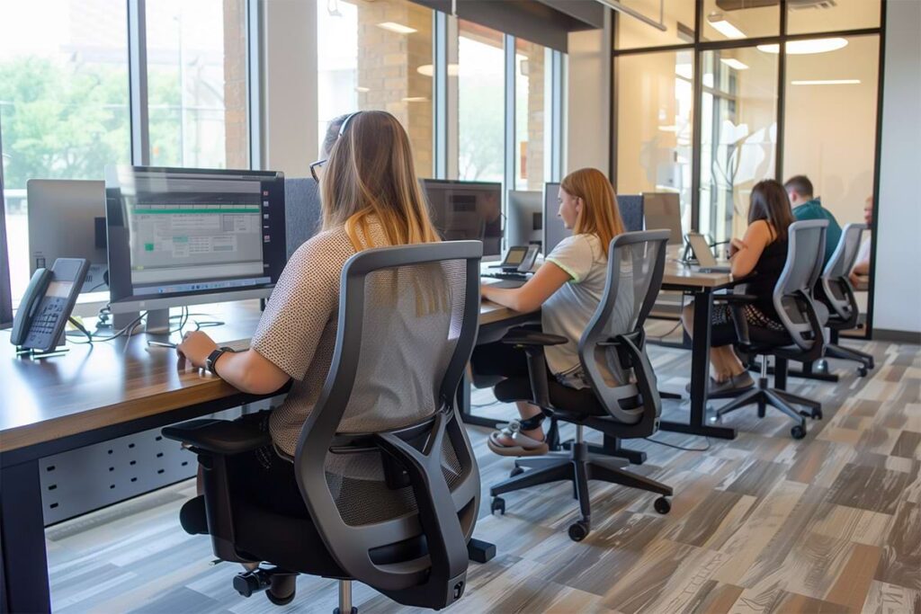 Employees working at ergonomic workstations in a modern office.