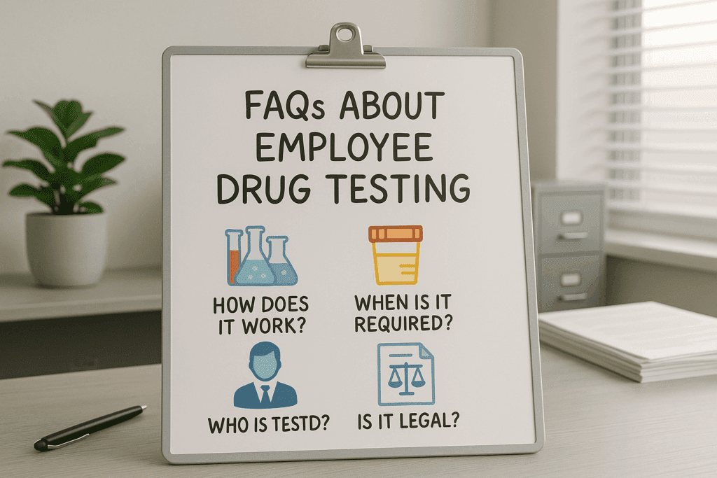 Signboard listing FAQs about employee drug testing, including how it works and legal requirements