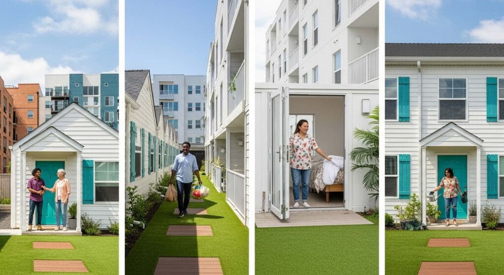 A collage showing diverse styles of transitional housing, including small private homes and apartment-style units, with various residents outside.