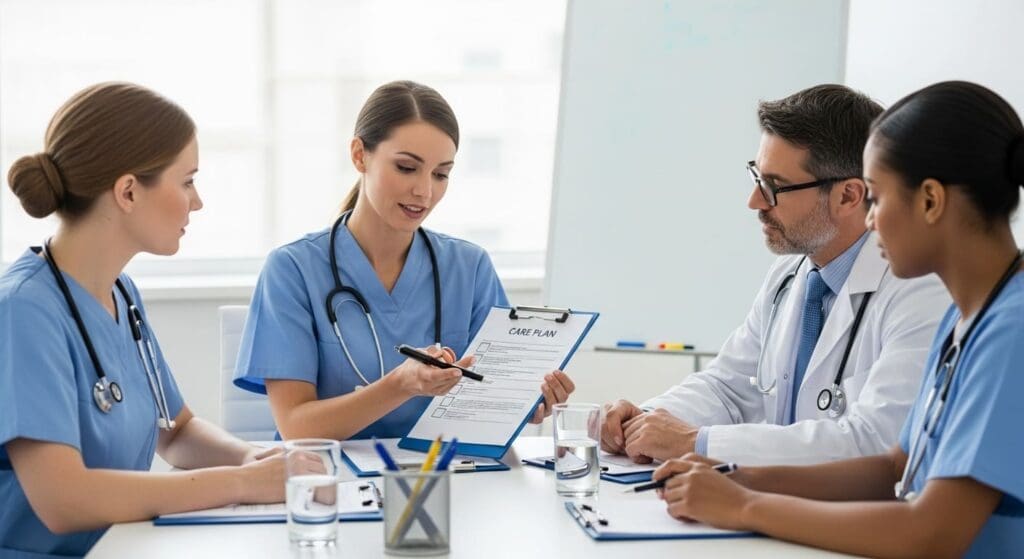 A nurse case manager presents a patient's care plan on a clipboard to a diverse healthcare team of doctors and nurses during a meeting.