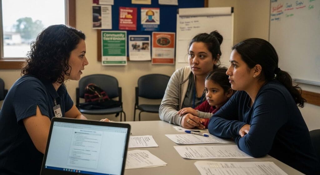 A case manager provides counseling and support to a family in a transitional housing program office, reviewing essential documents and goals.