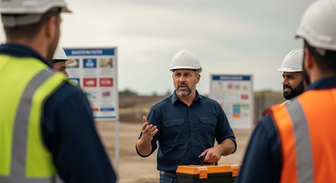 A construction foreman discussing safety risks and hazard assessments with his crew during a toolbox talk on-site.