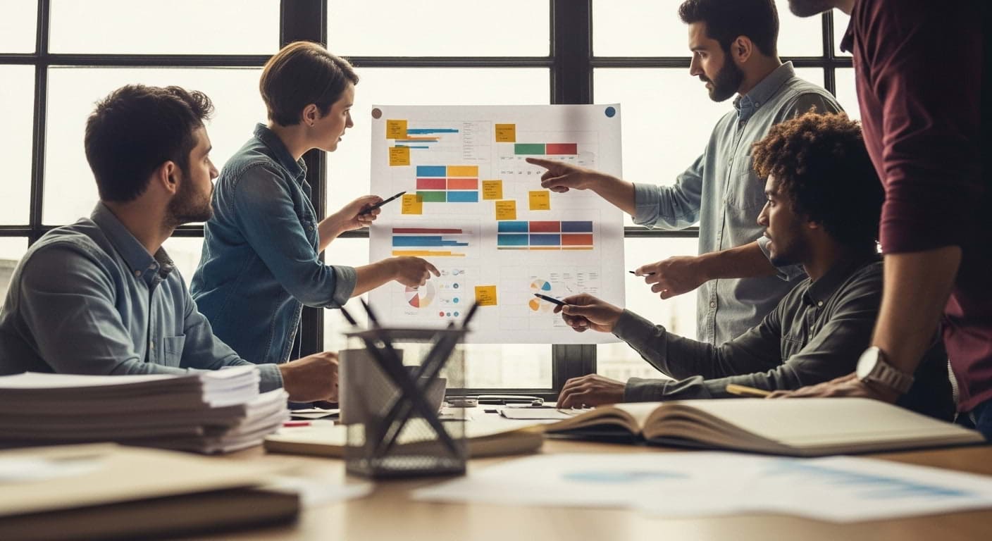 A project team collaborating on a construction risk management plan, pointing to charts and graphs on a whiteboard in an office.