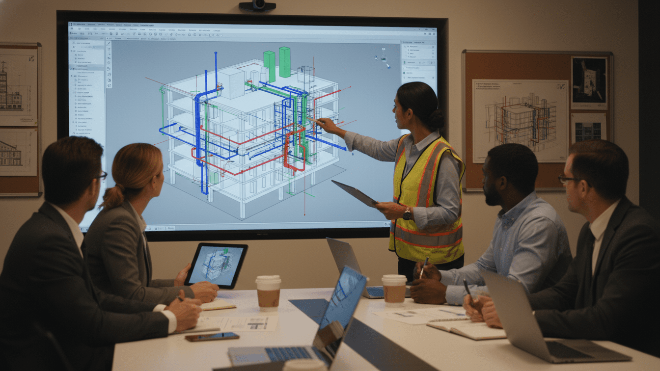 Engineering team reviewing a BIM clash-detection model for coordinated MEP systems on a large display.