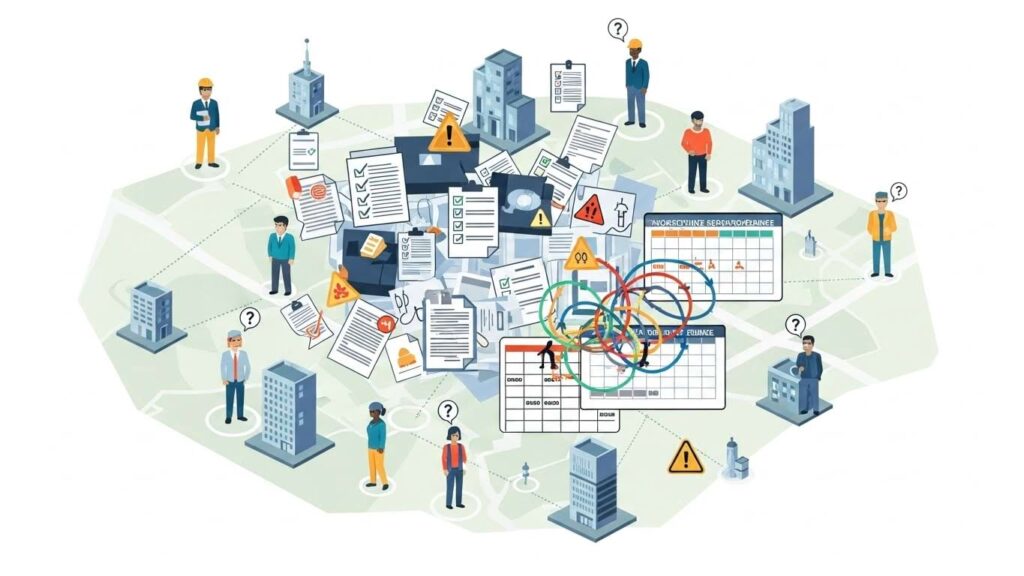 Illustration depicting common administrative and documentation challenges faced by organizations managing multi-site respirator clearance and fit testing programs.