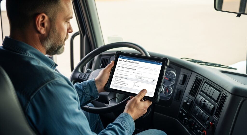 Commercial truck driver verifying DOT medical certification status digitally as part of the 2026 NRII driver-first workflow