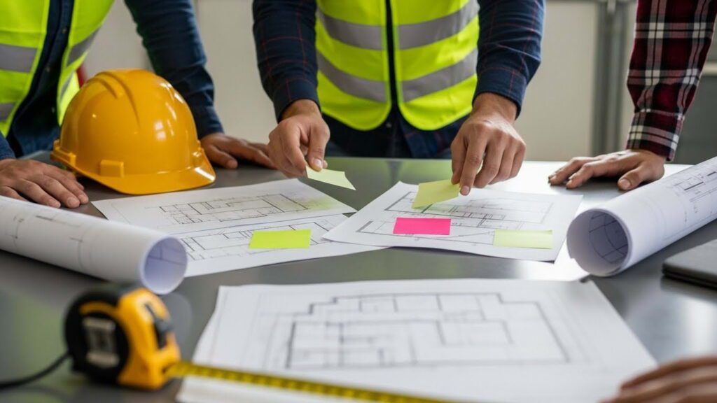 Hands map trade handoffs with sticky notes on drawings, showing workforce forecasting to reduce trade stacking and delays.